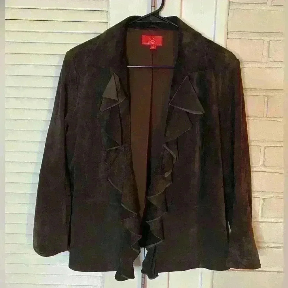 Oscar an Oscar De La Renta Company Brown 100% Suede Ruffle Blazer size 8
